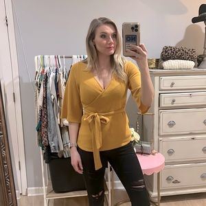 Moa moa mustard wrap with flare sleeves and v neck